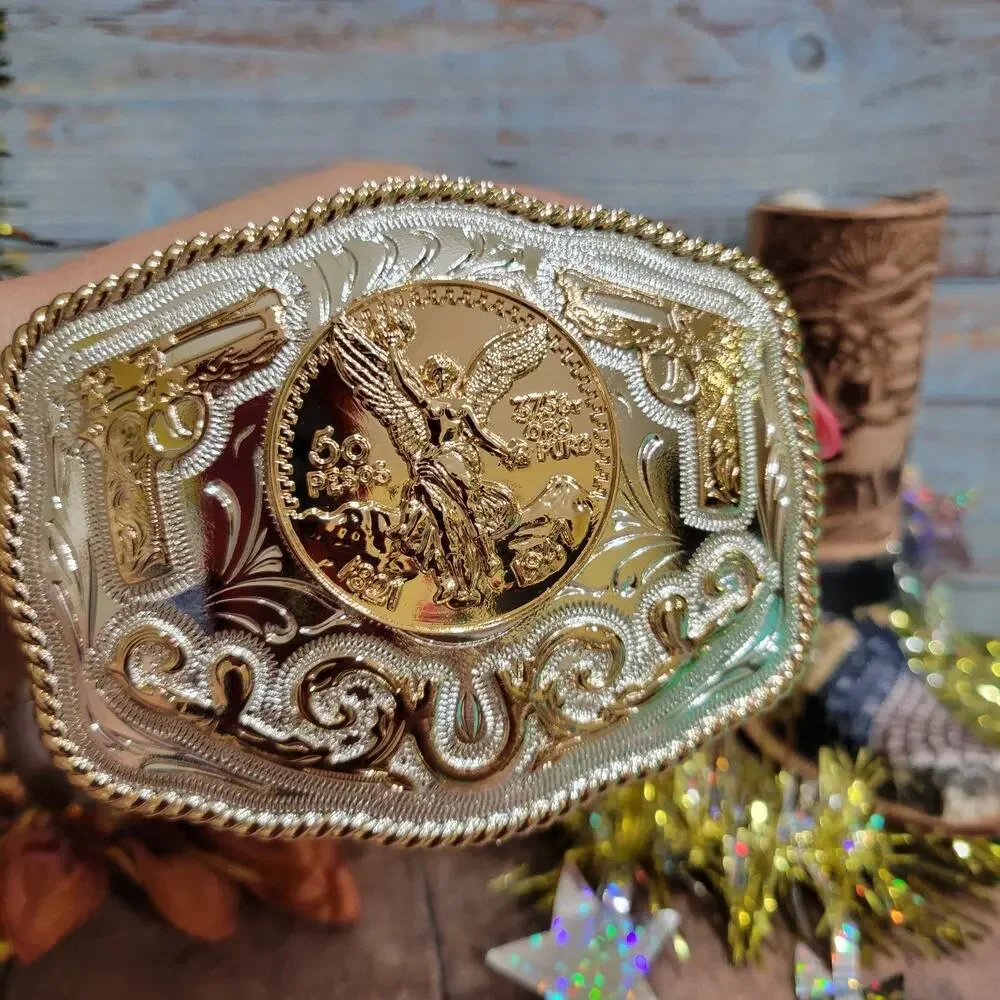 Centenario Cowboy Belt Buckle Western HebillaSilver & Rosetone Faux 50 Peso